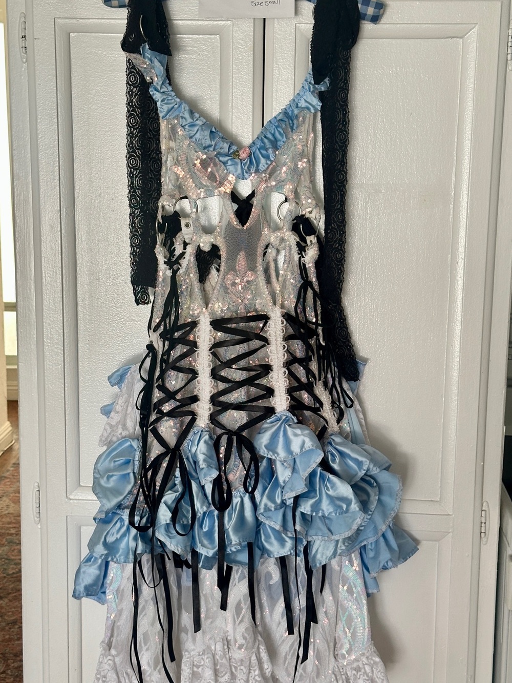 Vanishing Fae Iridescent babydoll dress with Light Blue Ruffled satin